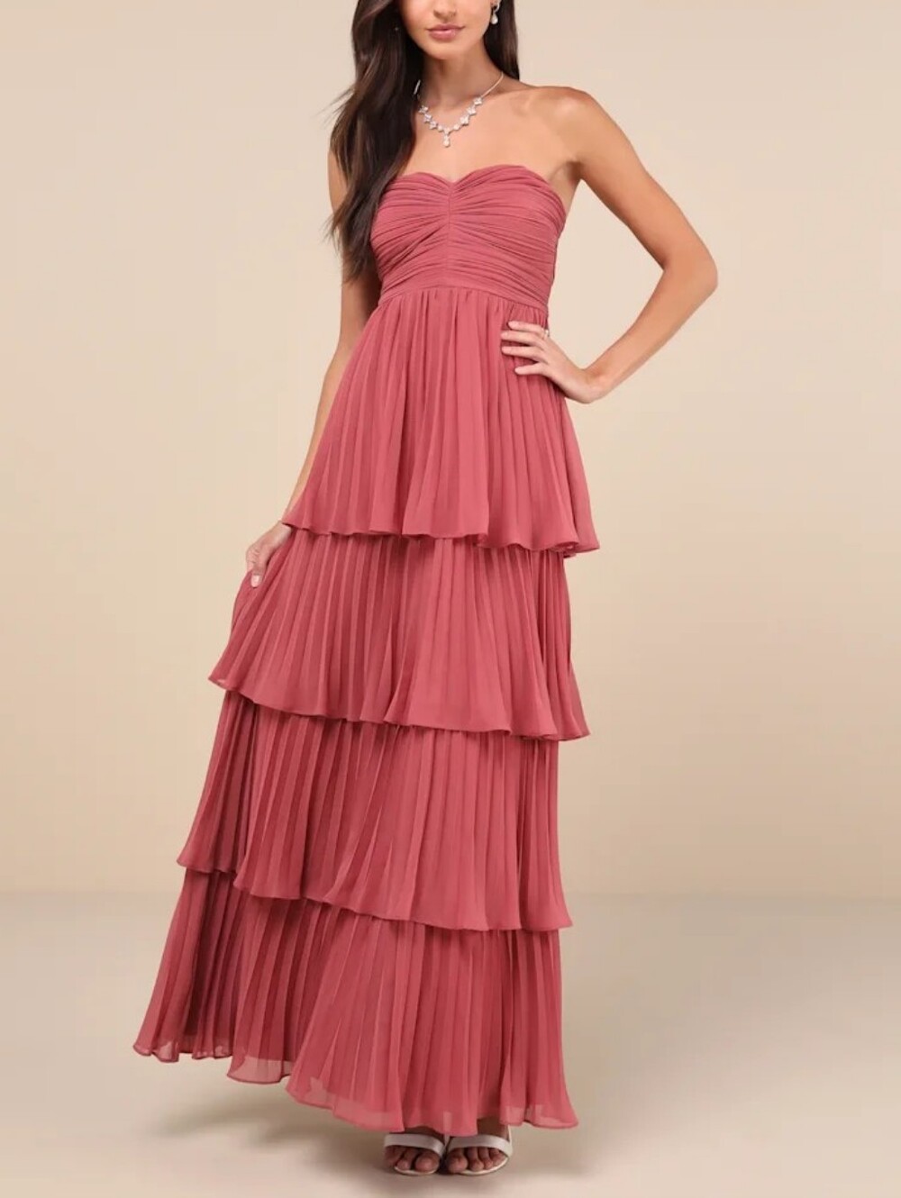 Lulus Seriously Sensational Rusty Rose Strapless Tiered Maxi Dress Size Large